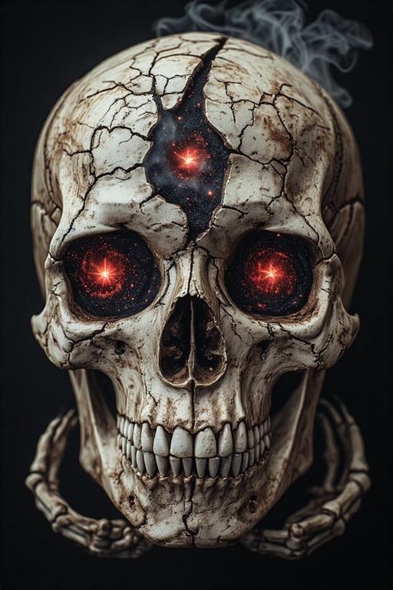 K&ouml;nnte beinhalten: Ein detaillierter, rissiger Sch&auml;del mit leuchtend roten Augen und einem kosmischen Inneren. Rauch steigt vom oberen Teil des Sch&auml;dels auf. Die Z&auml;hne des Sch&auml;dels sind sichtbar, und eine Skeletthand umschlie&szlig;t den Kiefer.