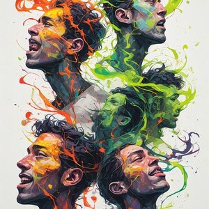 May include: Abstract art print featuring multiple faces in profile, each rendered with vibrant colors. The artwork uses a palette of orange, yellow, green, and purple, with expressive brushstrokes and a dynamic composition. The faces appear to be in various states of emotion.