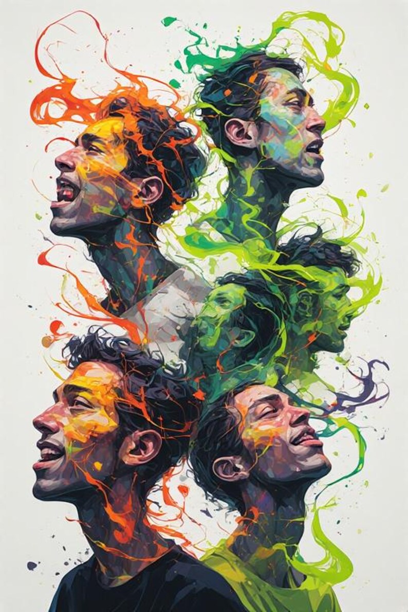 May include: Abstract art print featuring multiple faces in profile, each rendered with vibrant colors. The artwork uses a palette of orange, yellow, green, and purple, with expressive brushstrokes and a dynamic composition. The faces appear to be in various states of emotion.
