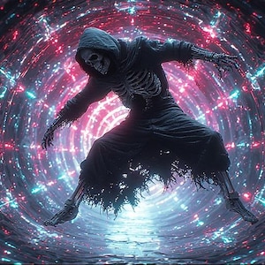 Puede incluir: Una obra de arte digital representa una figura esquel&eacute;tica con una t&uacute;nica negra con capucha, en una pose din&aacute;mica. La figura se encuentra frente a un t&uacute;nel arremolinado de luces rojas, azules y blancas, creando una escena futurista y de otro mundo.
