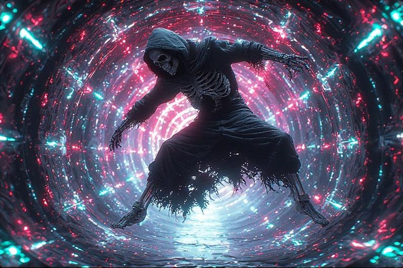 Puede incluir: Una obra de arte digital representa una figura esquel&eacute;tica con una t&uacute;nica negra con capucha, en una pose din&aacute;mica. La figura se encuentra frente a un t&uacute;nel arremolinado de luces rojas, azules y blancas, creando una escena futurista y de otro mundo.