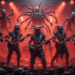 May include: A digital illustration of a heavy metal band performing on stage. The band members are skeletal figures with glowing eyes, playing guitars and bass. The stage is bathed in red light, with a large spider-like creature in the background.