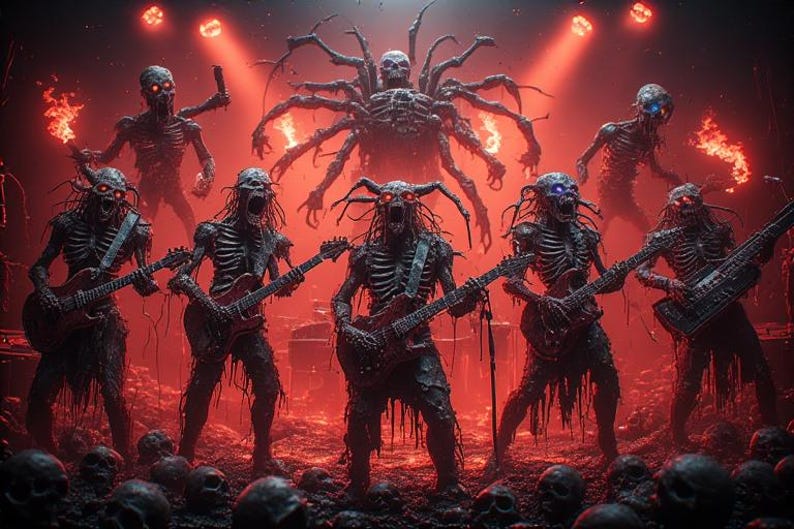 May include: A digital illustration of a heavy metal band performing on stage. The band members are skeletal figures with glowing eyes, playing guitars and bass. The stage is bathed in red light, with a large spider-like creature in the background.