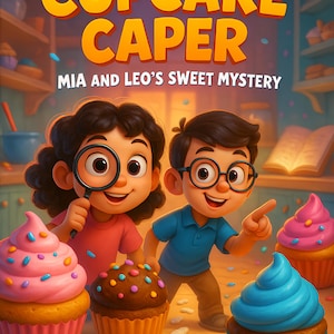 May include: A children's book cover titled "The Great Cupcake Caper: Mia and Leo's Sweet Mystery." The illustration features two children with cupcakes and a magnifying glass. Cupcakes have pink, brown, and blue frosting with colorful sprinkles.