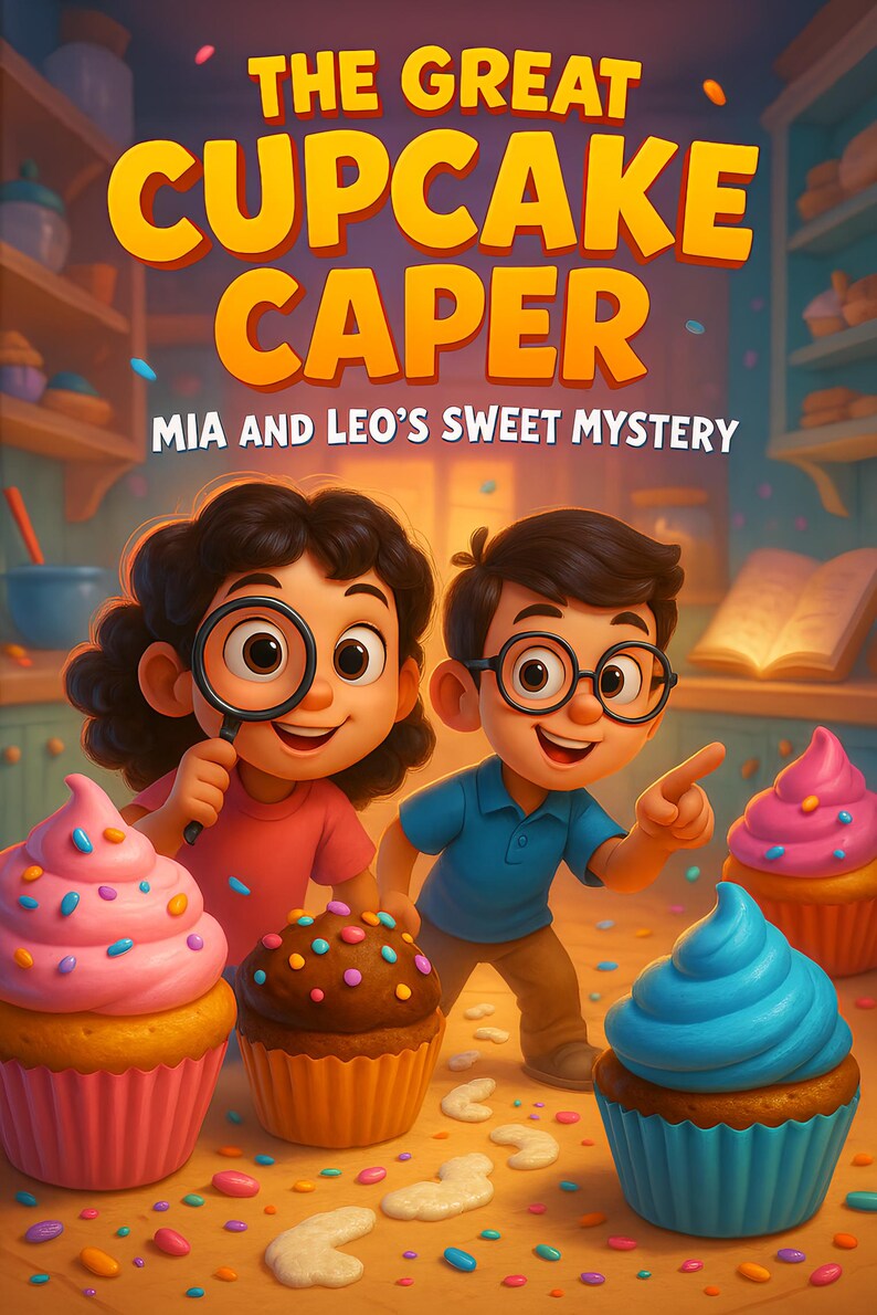 May include: A children's book cover titled "The Great Cupcake Caper: Mia and Leo's Sweet Mystery." The illustration features two children with cupcakes and a magnifying glass. Cupcakes have pink, brown, and blue frosting with colorful sprinkles.