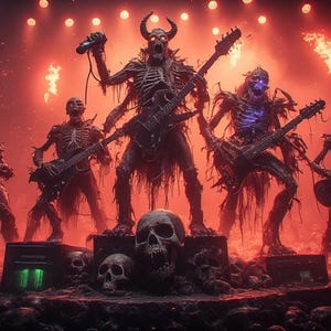 May include: A heavy metal band of skeletal figures performs on a stage bathed in red light. The band members, with horns and glowing eyes, play guitars and sing into a microphone. Skulls and flames add to the dark, theatrical atmosphere.