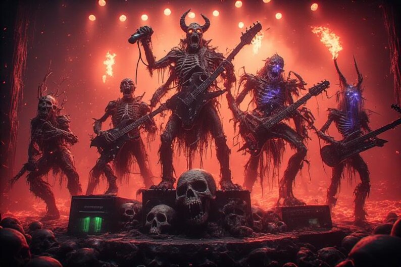 May include: A heavy metal band of skeletal figures performs on a stage bathed in red light. The band members, with horns and glowing eyes, play guitars and sing into a microphone. Skulls and flames add to the dark, theatrical atmosphere.