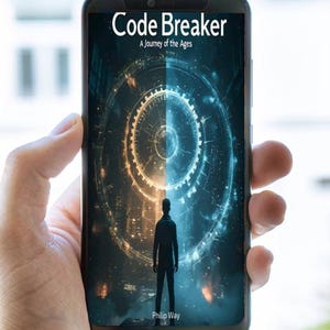 May include: A smartphone displays the cover of "Code Breaker: A Journey of the Ages" by Philip Way. The book cover features a silhouetted figure standing before a futuristic, circular design with blue and gold hues.