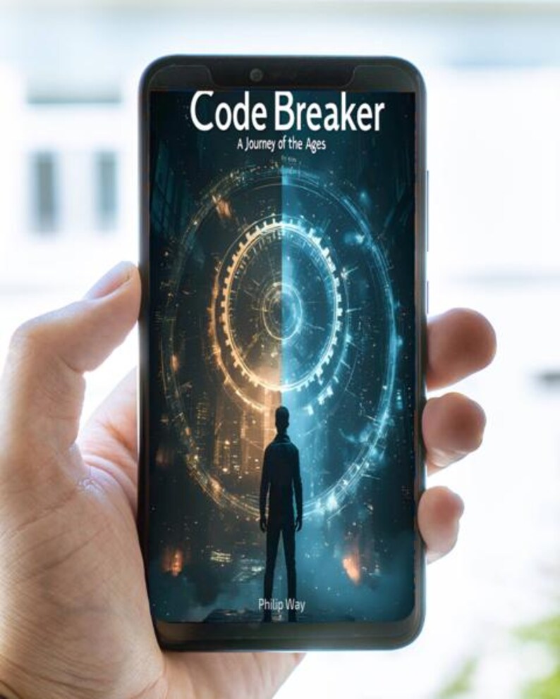 May include: A smartphone displays the cover of "Code Breaker: A Journey of the Ages" by Philip Way. The book cover features a silhouetted figure standing before a futuristic, circular design with blue and gold hues.