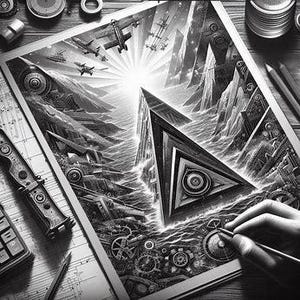 May include: Black and white illustration of a mechanical landscape with gears, mountains, and aircraft. A hand is drawing on the artwork with a pencil. The artwork is on a wooden surface with other tools.