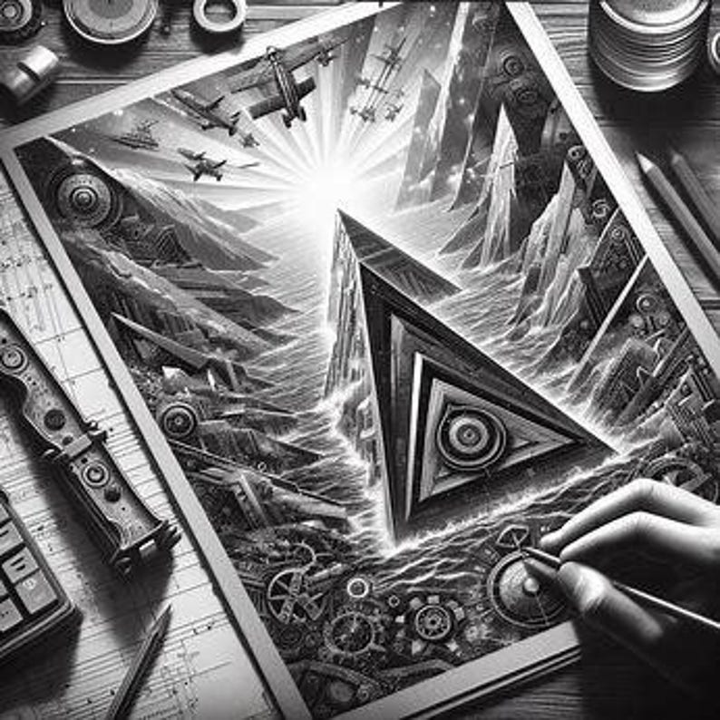 May include: Black and white illustration of a mechanical landscape with gears, mountains, and aircraft. A hand is drawing on the artwork with a pencil. The artwork is on a wooden surface with other tools.