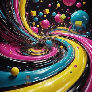 Pu&ograve; includere: Arte digitale astratta con nastri vorticosi gialli, ciano, magenta e neri. Sfere e cubi nei colori corrispondenti fluttuano su uno sfondo nero, creando una composizione dinamica e colorata.