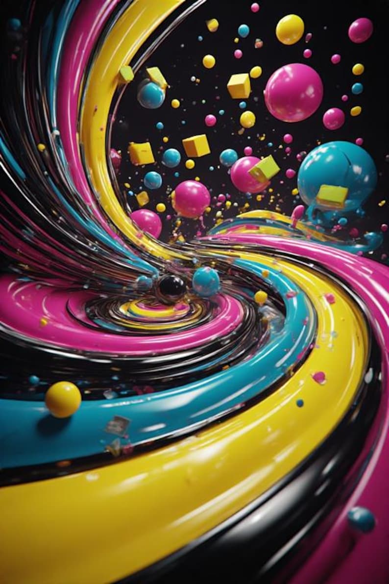 Pu&ograve; includere: Arte digitale astratta con nastri vorticosi gialli, ciano, magenta e neri. Sfere e cubi nei colori corrispondenti fluttuano su uno sfondo nero, creando una composizione dinamica e colorata.