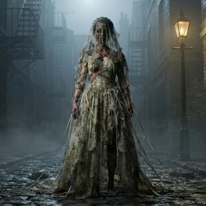 May include: A tattered, floor-length off-white dress with a distressed, layered texture and hanging fabric strips. The garment features a fitted bodice, a full skirt, and a matching veil draped over the head, creating a worn, aged appearance.