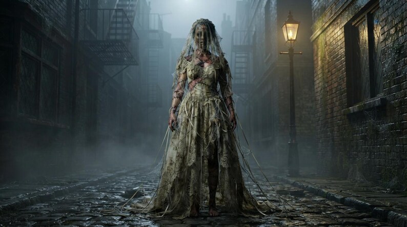 May include: A tattered, floor-length off-white dress with a distressed, layered texture and hanging fabric strips. The garment features a fitted bodice, a full skirt, and a matching veil draped over the head, creating a worn, aged appearance.