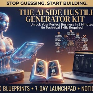 Op de afbeelding: Een digitaal productpakket genaamd The AI Side Hustle Generator Kit met een gloeiende humano&iuml;de figuur, een open boek met iconen, een laptop met een motion tracker en een rij boeken. Tekst: Stop Guessing. Start Building.