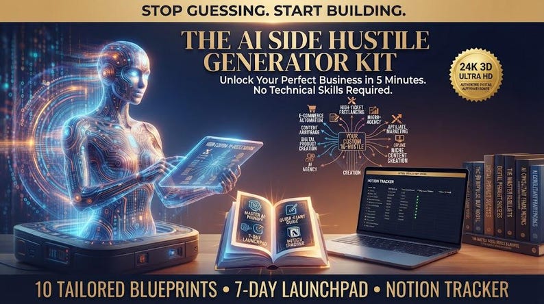 Op de afbeelding: Een digitaal productpakket genaamd The AI Side Hustle Generator Kit met een gloeiende humano&iuml;de figuur, een open boek met iconen, een laptop met een motion tracker en een rij boeken. Tekst: Stop Guessing. Start Building.