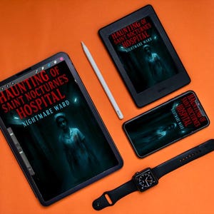 K&ouml;nnte beinhalten: Ein orangefarbener Hintergrund mit einem Tablet, einem E-Reader, einem Smartphone, einem Stift und einer Smartwatch. Die Bildschirme zeigen das Cover von "Haunting of Saint Nocturne's Hospital: Nightmare Ward". Das Cover zeigt eine geisterhafte Figur.