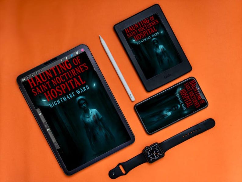 K&ouml;nnte beinhalten: Ein orangefarbener Hintergrund mit einem Tablet, einem E-Reader, einem Smartphone, einem Stift und einer Smartwatch. Die Bildschirme zeigen das Cover von "Haunting of Saint Nocturne's Hospital: Nightmare Ward". Das Cover zeigt eine geisterhafte Figur.