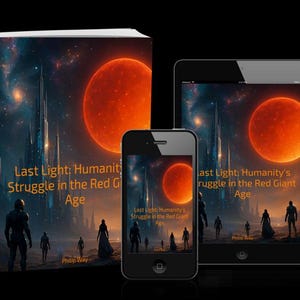 May include: A book, tablet, and smartphone display the cover art for "Last Light: Humanity's Struggle in the Red Giant Age." The artwork features a red planet, futuristic city, and silhouetted figures against a starry sky. The author's name is Philip Way.