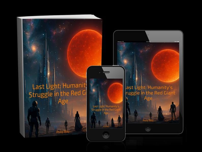 May include: A book, tablet, and smartphone display the cover art for "Last Light: Humanity's Struggle in the Red Giant Age." The artwork features a red planet, futuristic city, and silhouetted figures against a starry sky. The author's name is Philip Way.