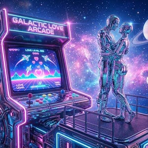 May include: A Galactic Love Arcade cabinet with neon pink and blue lighting, featuring a screen displaying a space-themed game with hearts. Two metallic, chrome-finished figures stand in an embrace on top of the arcade machine in deep space.