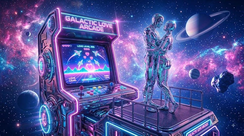 May include: A Galactic Love Arcade cabinet with neon pink and blue lighting, featuring a screen displaying a space-themed game with hearts. Two metallic, chrome-finished figures stand in an embrace on top of the arcade machine in deep space.