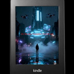 K&ouml;nnte beinhalten: Ein schwarzer Kindle E-Reader, der eine futuristische Stadtlandschaft mit Drohnen und einer Silhouette zeigt. Der Bildschirm zeigt ein neonbeleuchtetes Geb&auml;ude und den Text "The Collective: Humanity's Final Record". Das Kindle-Logo ist unten sichtbar.