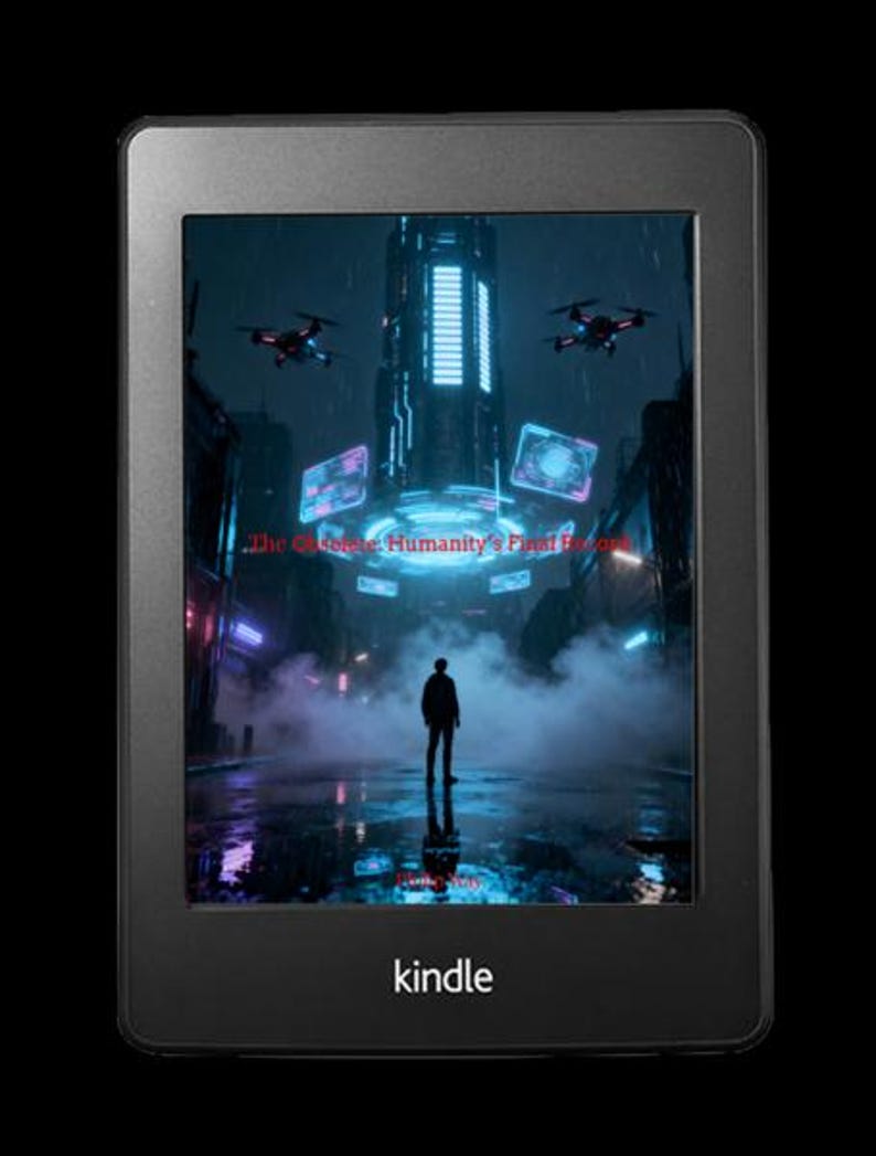 K&ouml;nnte beinhalten: Ein schwarzer Kindle E-Reader, der eine futuristische Stadtlandschaft mit Drohnen und einer Silhouette zeigt. Der Bildschirm zeigt ein neonbeleuchtetes Geb&auml;ude und den Text "The Collective: Humanity's Final Record". Das Kindle-Logo ist unten sichtbar.