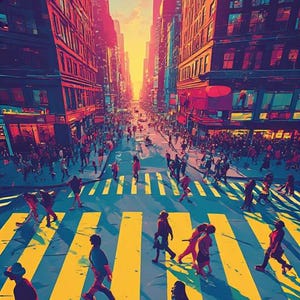 May include: An artistic illustration of a city street scene with pedestrians crossing a yellow and white crosswalk. Tall buildings line the street, and the sky is a vibrant mix of orange and blue. The image has a stylized, painterly quality.
