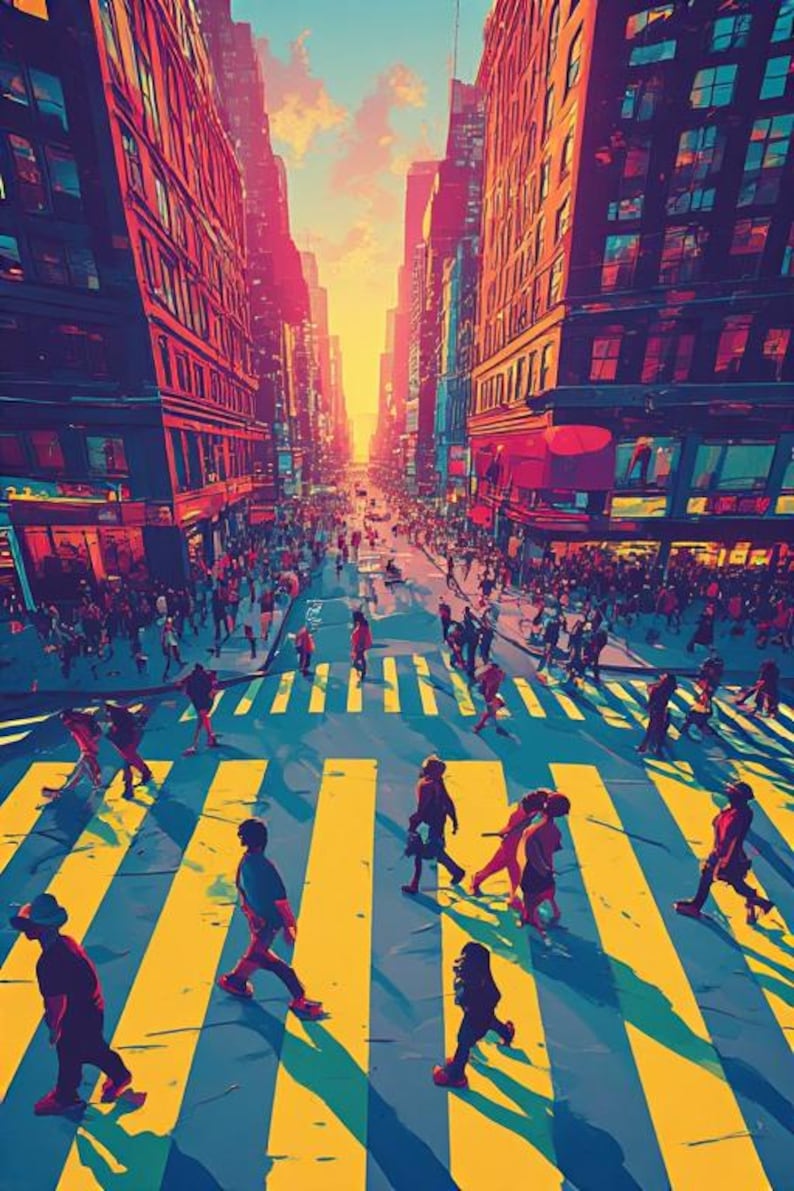 May include: An artistic illustration of a city street scene with pedestrians crossing a yellow and white crosswalk. Tall buildings line the street, and the sky is a vibrant mix of orange and blue. The image has a stylized, painterly quality.