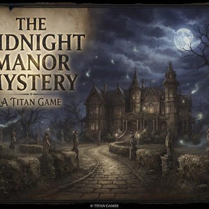K&ouml;nnte beinhalten: Das Cover des Brettspiels The Midnight Manor Mystery zeigt eine dunkle, mondbeschienene Szene eines gro&szlig;en Herrenhauses am Ende eines Steinwegs. Statuen s&auml;umen die Gartenhecken unter einem bew&ouml;lkten Nachthimmel. Der Titel ist gro&szlig; abgebildet.