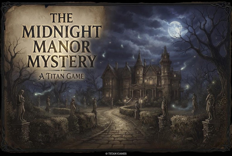 K&ouml;nnte beinhalten: Das Cover des Brettspiels The Midnight Manor Mystery zeigt eine dunkle, mondbeschienene Szene eines gro&szlig;en Herrenhauses am Ende eines Steinwegs. Statuen s&auml;umen die Gartenhecken unter einem bew&ouml;lkten Nachthimmel. Der Titel ist gro&szlig; abgebildet.