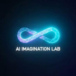 Op de afbeelding: Een digitale afbeelding met een oplichtend oneindigheidssymbool in blauw en paars, met een geometrisch patroon. Onder het symbool staat de witte tekst "AI IMAGINATION LAB" tegen een donkerblauwe achtergrond.