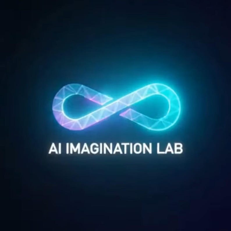 Op de afbeelding: Een digitale afbeelding met een oplichtend oneindigheidssymbool in blauw en paars, met een geometrisch patroon. Onder het symbool staat de witte tekst "AI IMAGINATION LAB" tegen een donkerblauwe achtergrond.