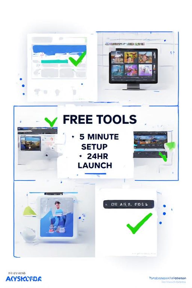 May include: A graphic with the text "FREE TOOLS" and checkmarks. The text also includes "5 MINUTE SETUP" and "24HR LAUNCH". The image shows computer screens and a person.