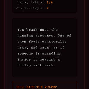 May include: A digital interface for the game Manor Halloween Escape with red text reading Manor Halloween Escape, status indicators for Current Chamber, Midnight Hour, Spooky Relics, Chapter Depth, a narrative text block, and a button to pull back the velvet curtain.
