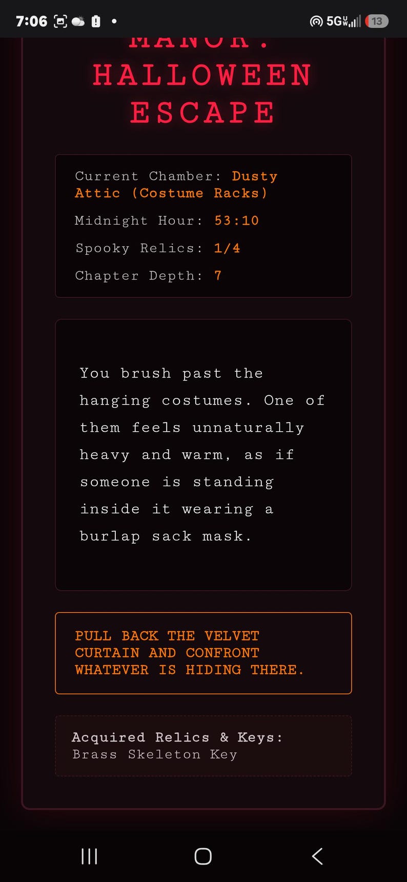 May include: A digital interface for the game Manor Halloween Escape with red text reading Manor Halloween Escape, status indicators for Current Chamber, Midnight Hour, Spooky Relics, Chapter Depth, a narrative text block, and a button to pull back the velvet curtain.