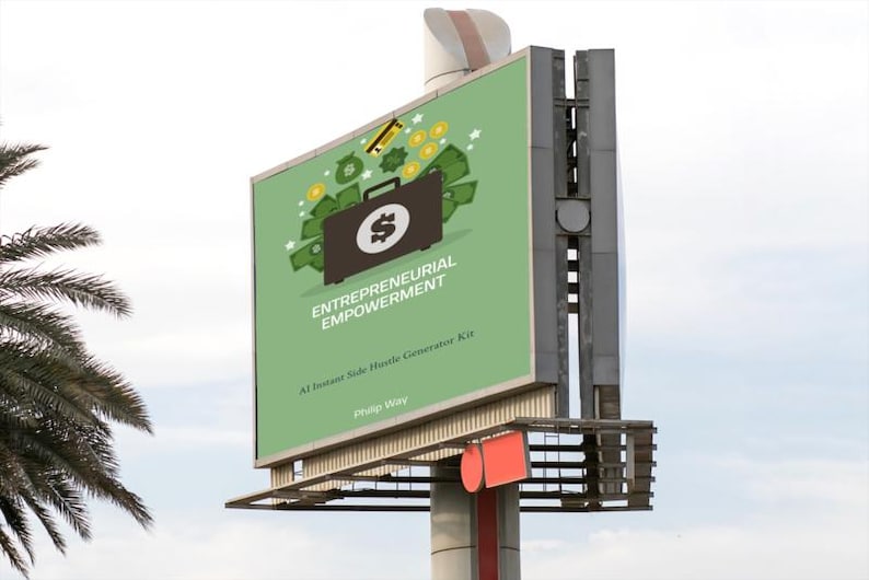 May include: A green billboard with the text "ENTREPRENEURIAL EMPOWERMENT" and a briefcase graphic. The billboard is mounted on a metal structure. The text "An Instant Side Hustle Generator Kit" is also visible.