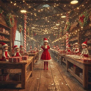 May include: A festive Christmas scene with elves in red and white outfits, surrounded by wrapped gifts and decorations. The room is illuminated by string lights and features wooden tables and shelves, creating a warm, inviting atmosphere.
