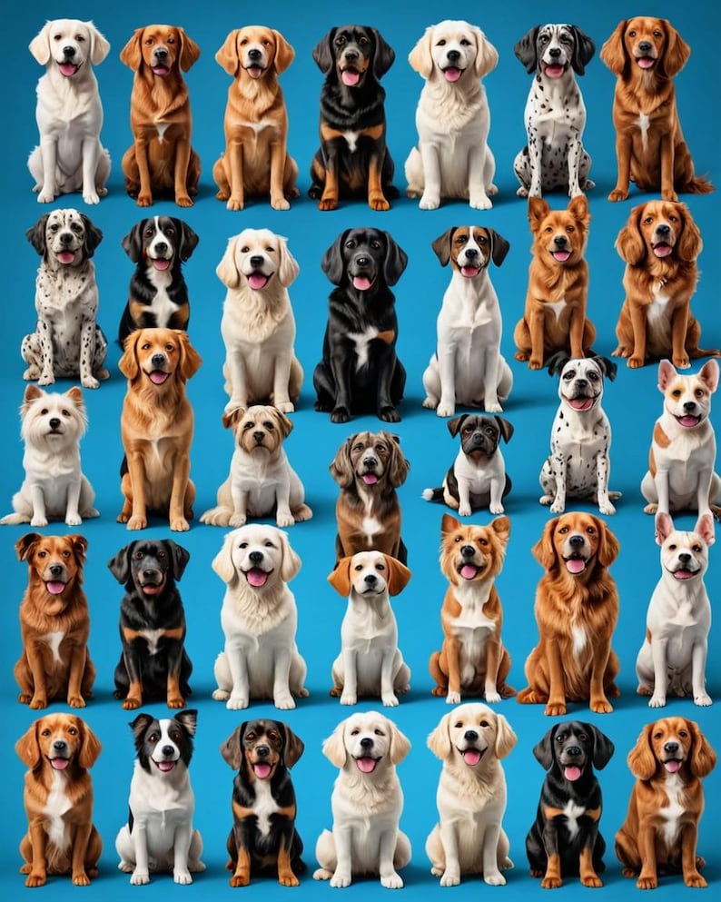May include: A group of 40 dogs of various breeds sitting in rows on a blue background. The dogs are all looking at the camera and have different expressions on their faces.