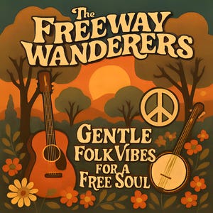 May include: Illustration for "The Freeway Wanderers" featuring a guitar and banjo, with a peace sign and text "Gentle Folk Vibes for a Free Soul." The background includes a sunset, trees, and flowers, in shades of orange, green, and brown.