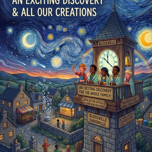 Puede incluir: Una portada de libro titulada Blockville: An Exciting Discovery & All Our Creations por Philip Way. Muestra una torre de reloj de piedra con ni&ntilde;os en un balc&oacute;n que miran un pueblo bajo un cielo nocturno estrellado y arremolinado.