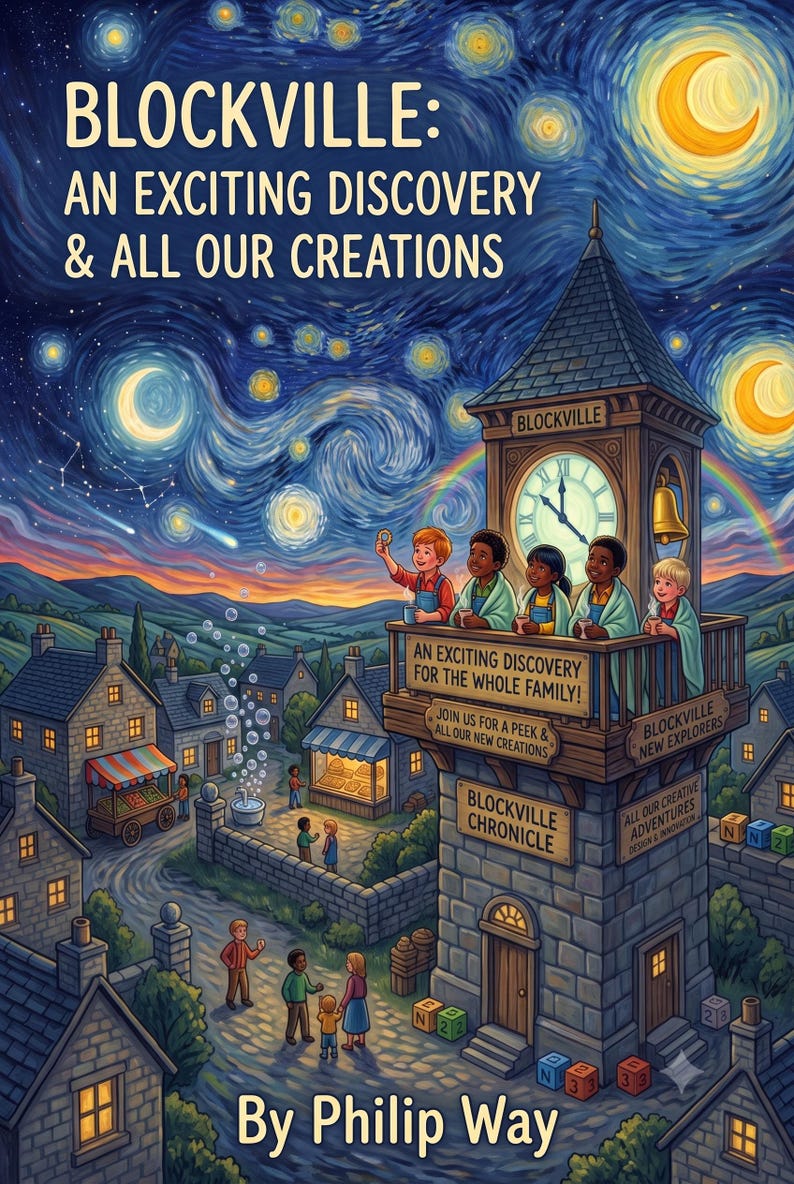 Puede incluir: Una portada de libro titulada Blockville: An Exciting Discovery & All Our Creations por Philip Way. Muestra una torre de reloj de piedra con ni&ntilde;os en un balc&oacute;n que miran un pueblo bajo un cielo nocturno estrellado y arremolinado.