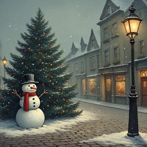 May include: A winter scene depicts a snowman with a top hat and red scarf next to a decorated Christmas tree. A lamp post illuminates a snow-covered cobblestone street lined with buildings. Snowflakes fall in the air, creating a festive holiday atmosphere.