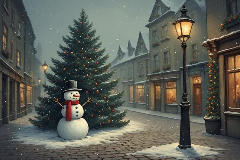 May include: A winter scene depicts a snowman with a top hat and red scarf next to a decorated Christmas tree. A lamp post illuminates a snow-covered cobblestone street lined with buildings. Snowflakes fall in the air, creating a festive holiday atmosphere.