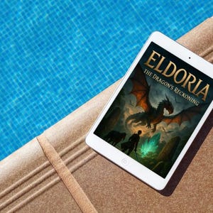 Op de afbeelding: Een witte tablet met de cover van "Eldoria: The Dragon's Reckoning" met een drakenillustratie. De tablet ligt op een bruin oppervlak naast een blauw betegeld zwembad.