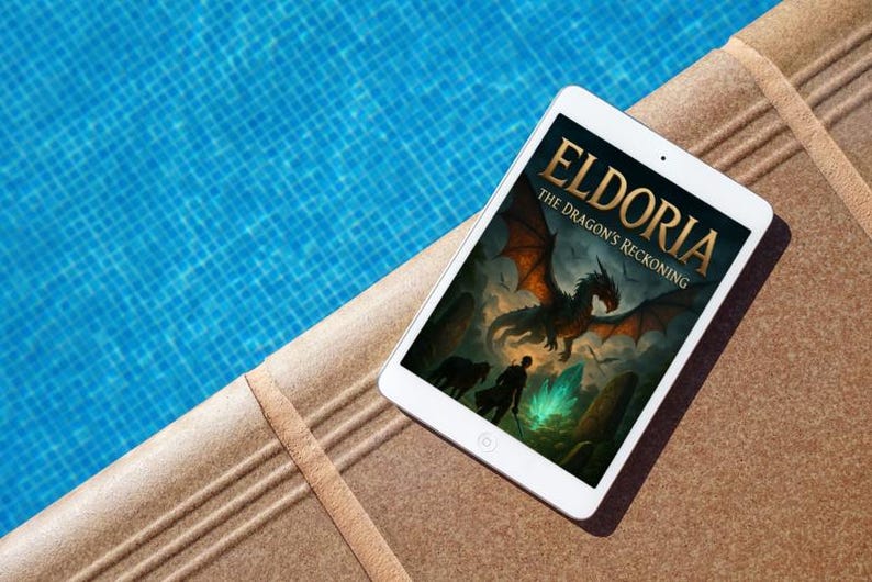 Op de afbeelding: Een witte tablet met de cover van "Eldoria: The Dragon's Reckoning" met een drakenillustratie. De tablet ligt op een bruin oppervlak naast een blauw betegeld zwembad.