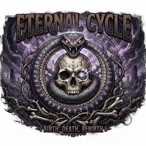 Pu&ograve; includere: Un design grafico raffigurante un teschio circondato da un serpente, con il testo ETERNAL CYCLE in alto e BIRTH, DEATH, REBIRTH in basso. L'illustrazione include rami spinosi, ossa e un occhio blu brillante sul teschio.