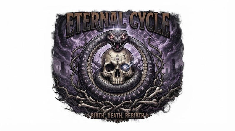 Pu&ograve; includere: Un design grafico raffigurante un teschio circondato da un serpente, con il testo ETERNAL CYCLE in alto e BIRTH, DEATH, REBIRTH in basso. L'illustrazione include rami spinosi, ossa e un occhio blu brillante sul teschio.